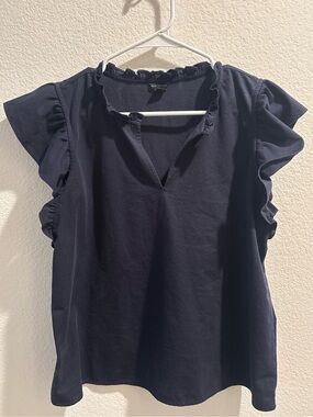 Ann Taylor | Ruffle Sleeve V-Neck Blouse | Navy | Medium
